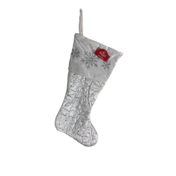 Holiday Time 19” White Quilted Embroidered Silver Snowflake Christmas Stocking - Picture 6 of 7